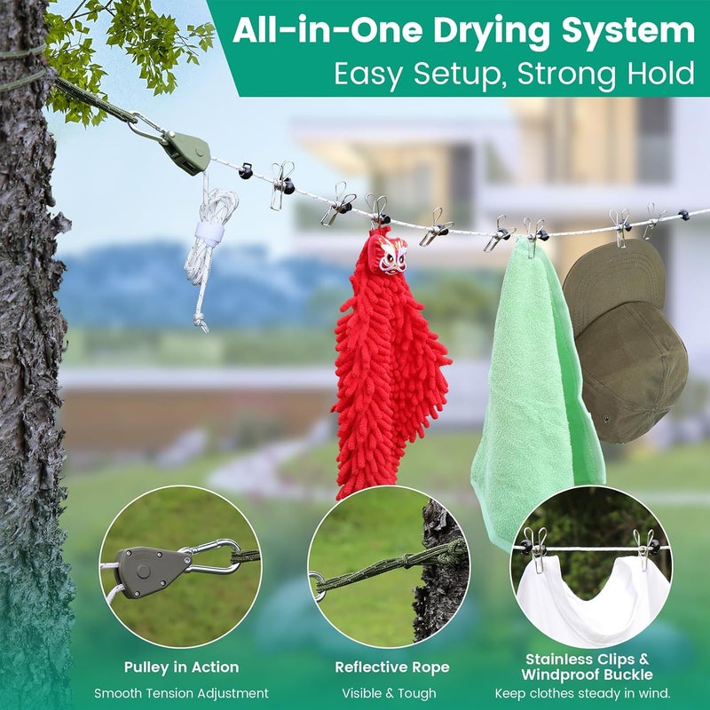Harqa Retractable Travel Clothesline, 19FT Adjustable Heavy-Duty Line with Reflective Pulley System, Stainless Hooks & Clips – Portable for Camping, Cruise, Hotel, Balcony & Outdoor Laundry (Army Green) - Image 5